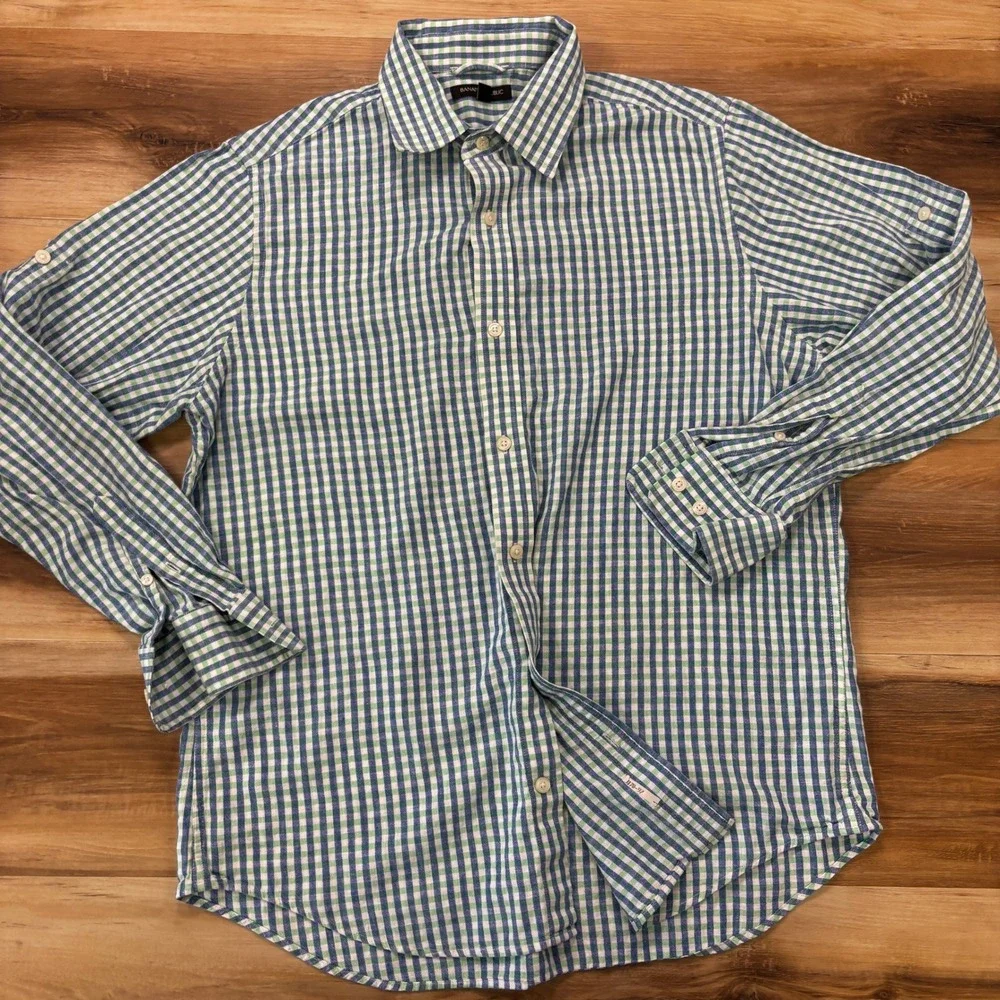 Banana Republic Button Up Shirt Large Gingham Linen Cotton Casual Green Blue